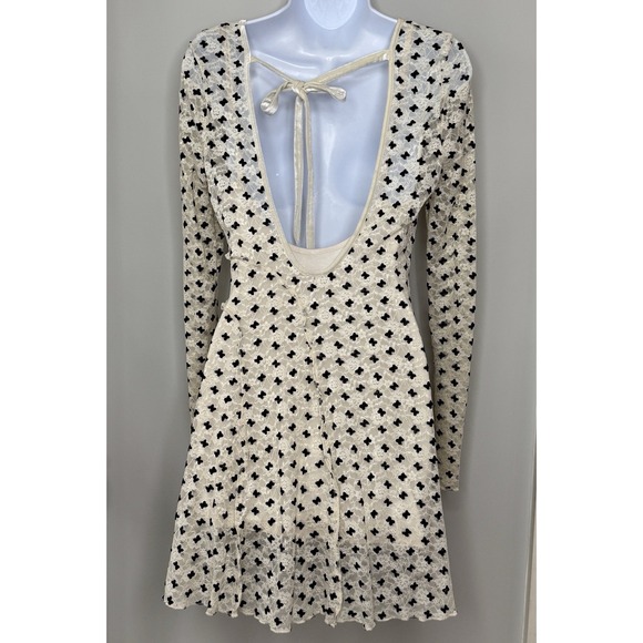 Free People Sheer Delight Lace Boho Minidress Womens Medium Off White Velvet Bow - Picture 3 of 16